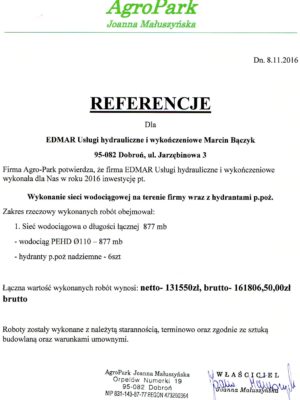 Referencje Agro Park wodociąg 877mb
