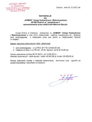 Referencje wodociąg Dobroń, ul.Wąska